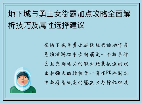 地下城与勇士女街霸加点攻略全面解析技巧及属性选择建议